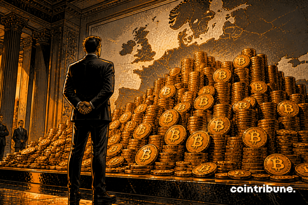 An institutional manager (BlackRock) is standing in front of a massive pile of Bitcoins.