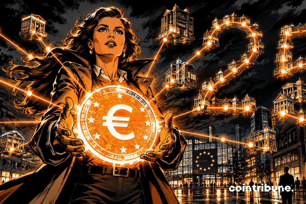 A European leader holds up a giant euro stablecoin connecting 25 banks in a dramatic futuristic city in orange and black colors.