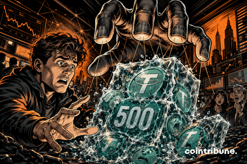 A panicked investor sees Tether tokens frozen in ice, manipulated by a giant hand.