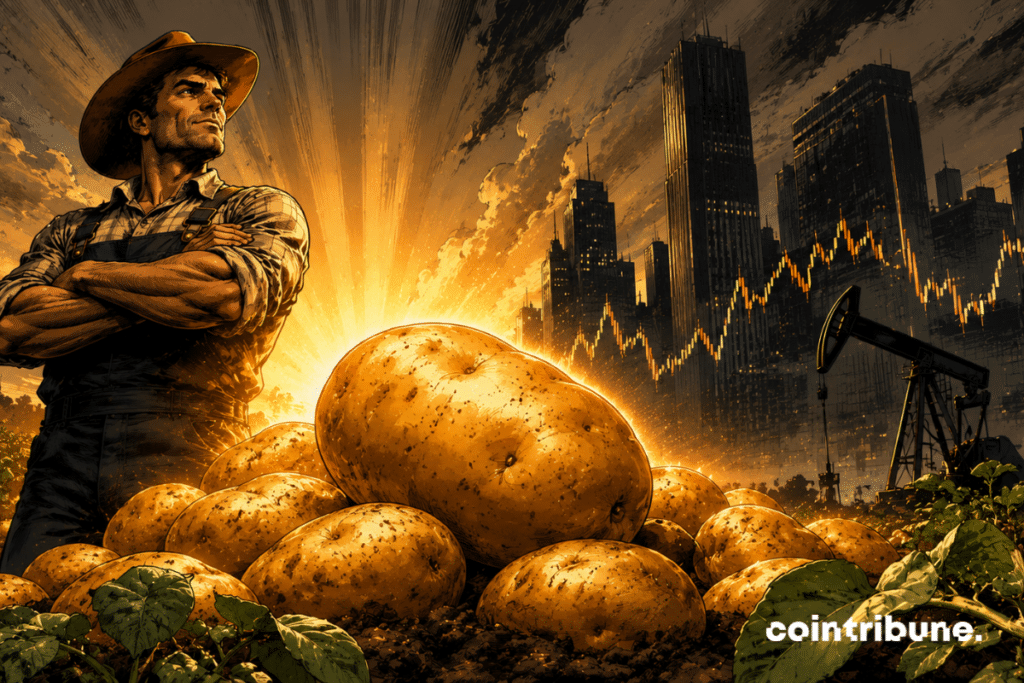 In a futuristic agricultural field, a heroic farmer observes giant potatoes radiating orange light, symbolizing the asset's all-time high on Bitcoin, oil and markets.