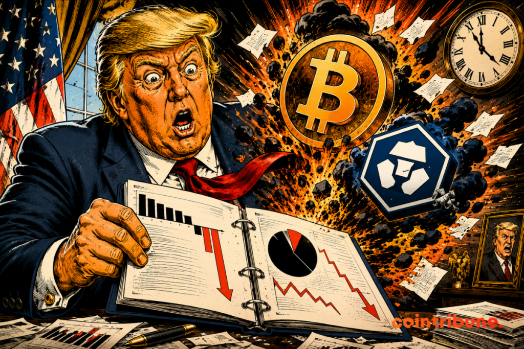 Illustration on Donald Trump and Trump Media, showing falling charts with Bitcoin and CRO symbols linked to the group's losses.
