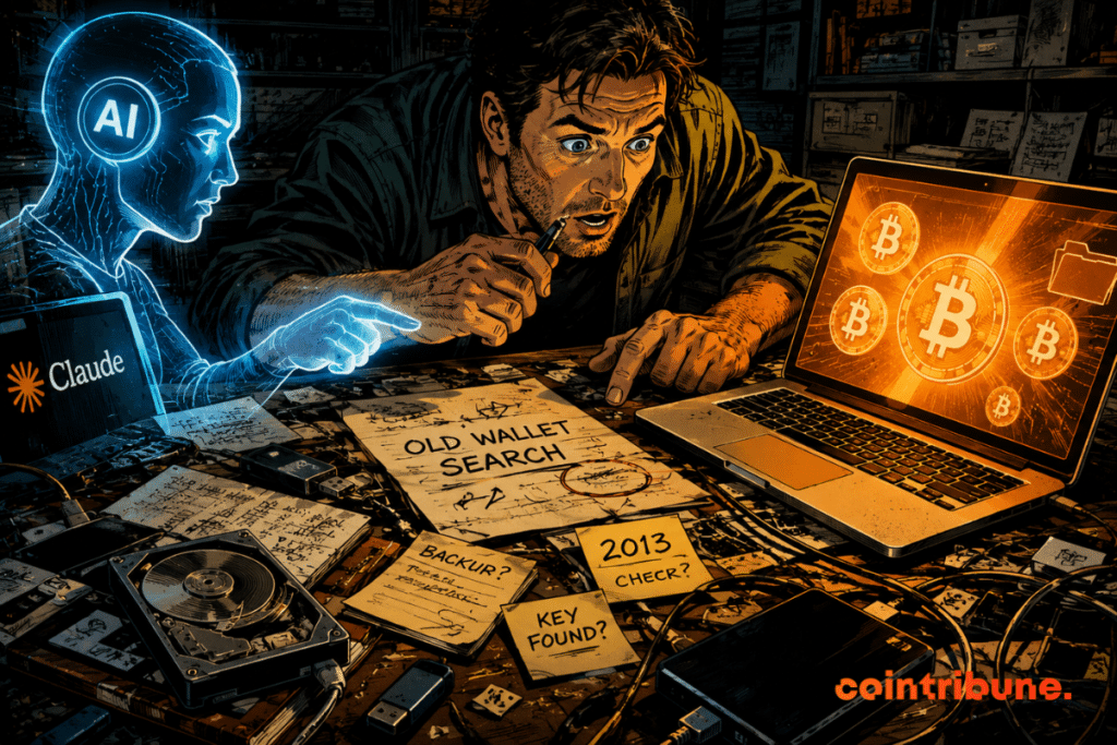 Man searches old wallet with holographic AI, suddenly discovering five forgotten Bitcoins in tense digital chaos
