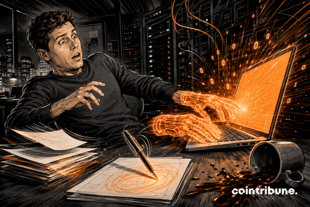 Illustration showing Sam Altman surprised in front of AI