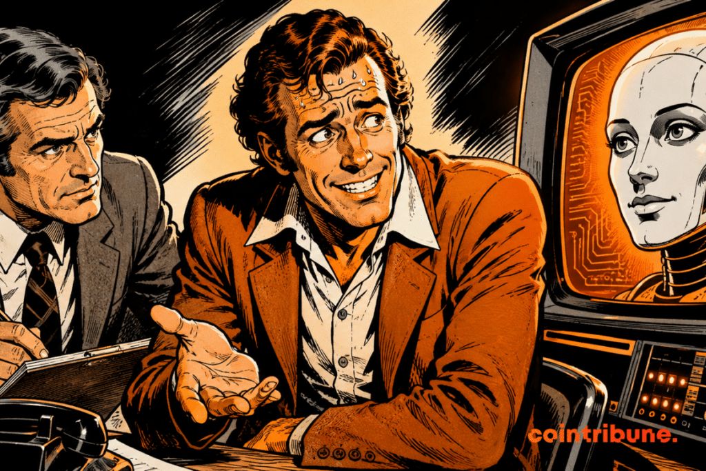 A nervous consumer lies to a glowing AI chatbot while a human agent watches, in a dramatic orange retro comic book ambiance.