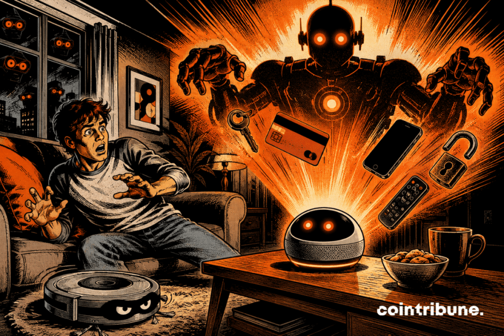 Retro illustration of an AI assistant casting a giant robotic shadow in a living room, facing a frightened young man.