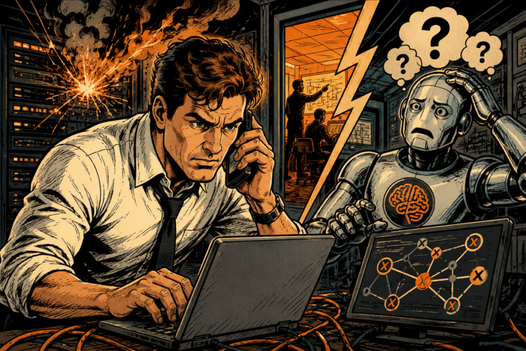 Illustration showing an IT engineer managing an emergency server outage while an AI robot appears confused in front of graphs of network anomalies.