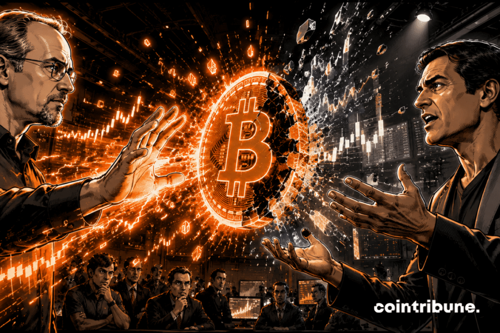 duel crypto Adam Back Mark Cuban Bitcoin holographic fractured financial data traders media tension energy orange spectacular confrontation cyberpunk opposing analyzes