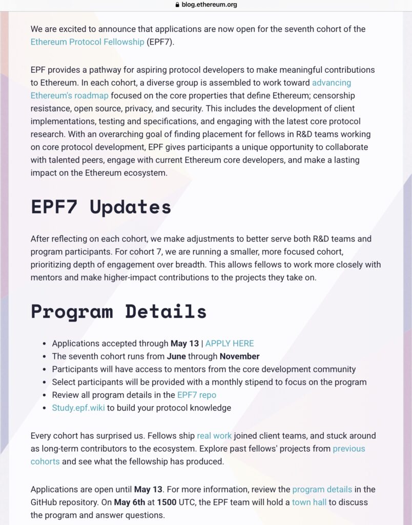 after a period of budgetary restraint, the Ethereum Foundation is relaunching its Ethereum Protocol Fellowship (EPF7) program. The objective? Recruit talented developers to strengthen the protocol. Indeed, with 18 grants awarded in Q1 2026, the Foundation shows its desire to maintain its technological leadership.
