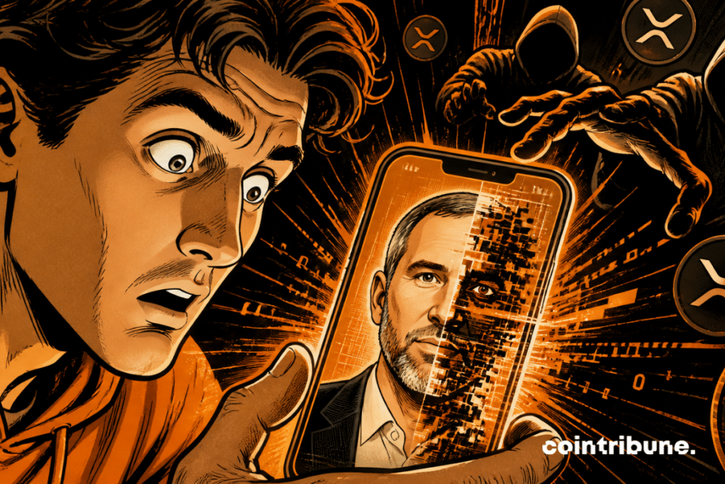 A shocked investor discovers a fake AI-generated face on his smartphone, while dark figures manipulate the shadow of the XRP network.