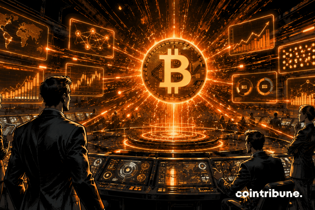 In a futuristic control center, analysts watch as several indicators converge. A huge Bitcoin symbol lights up in the center of the converging screens.