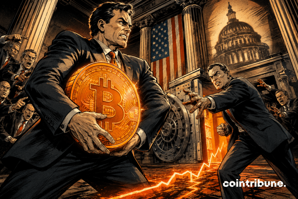 Comic illustration of American elected officials arguing over a large orange Bitcoin coin in front of a safe at the Capitol.