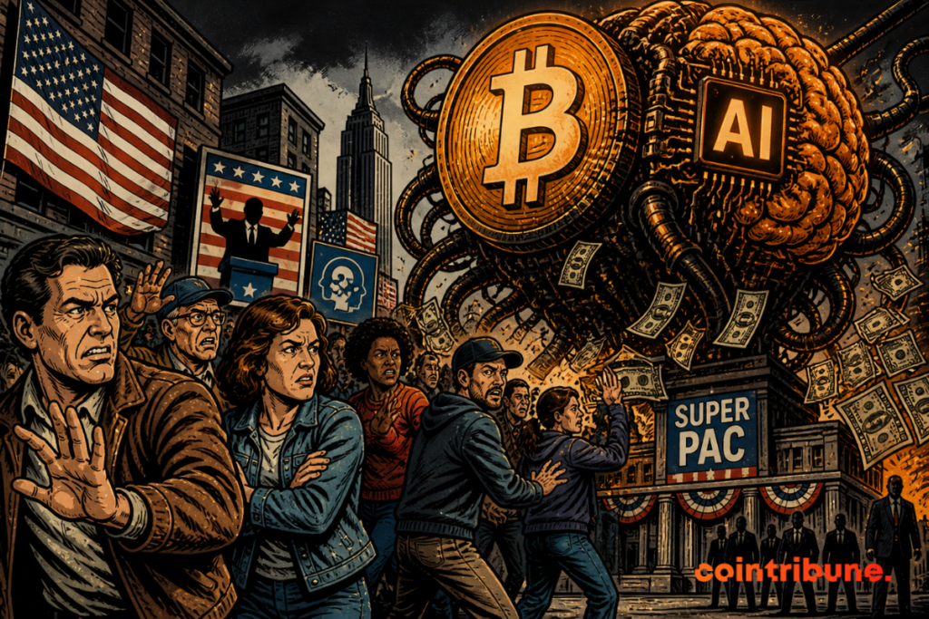 Citizens recoil warily from a giant crypto-AI entity, while money and politics dominate the background