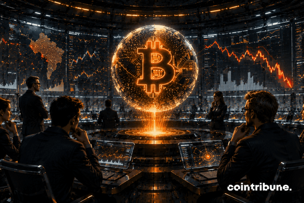 In a futuristic financial analysis lab, analysts examine conflicting bearish signals. A Bitcoin is weakened, but still active.
