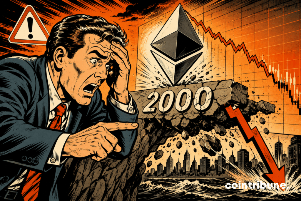 Illustration showing Ethereum under strong bearish pressure, with the $2,000 threshold collapsing while a red chart drops sharply and an investor displays a worried face as ether falls.