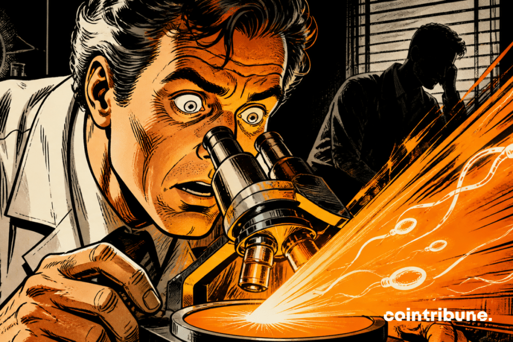 Amazed scientist observes AI microscope projecting orange light revealing invisible spermatozoa, anxious silhouette in background, contrasting dramatic 70s comics ambiance