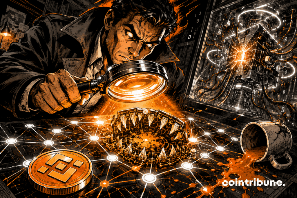 Comic book illustration of a crypto detective discovering, through a magnifying glass, a mechanical trap hidden in an orange and black blockchain network.
