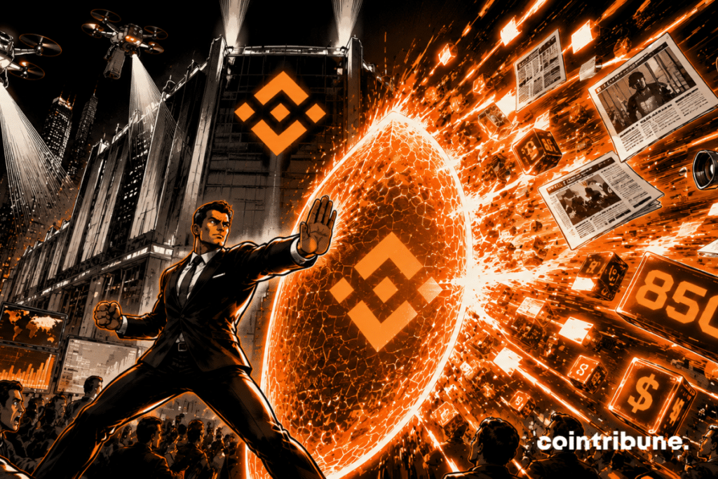 Binance under media siege energy shield orange drones journalists financial crisis cyberpunk digital attacks geopolitical tension spectacular defense panicked traders