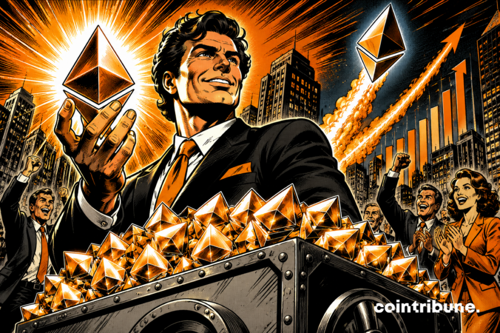 Comic book style illustration showing an executive holding an Ethereum logo in front of a large supply of ETH, while the price rises in the background, in reference to Bitmine's new massive buying in the crypto market.
