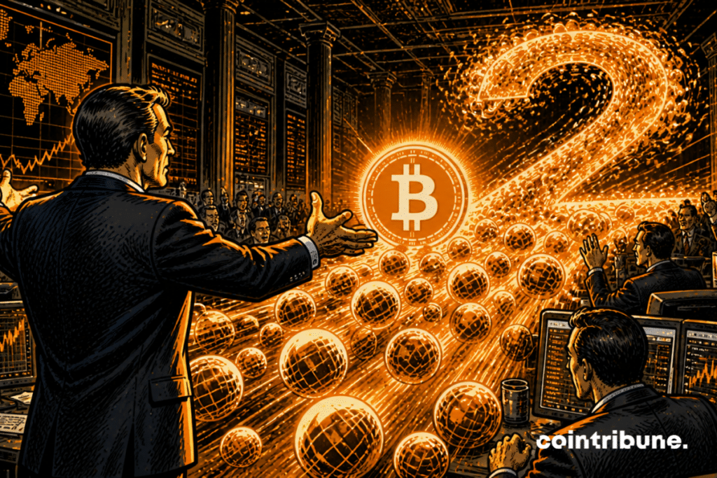 In a dynamic trading room, an ETF fund manager has his arms open to an inflow of capital heading towards a central Bitcoin.