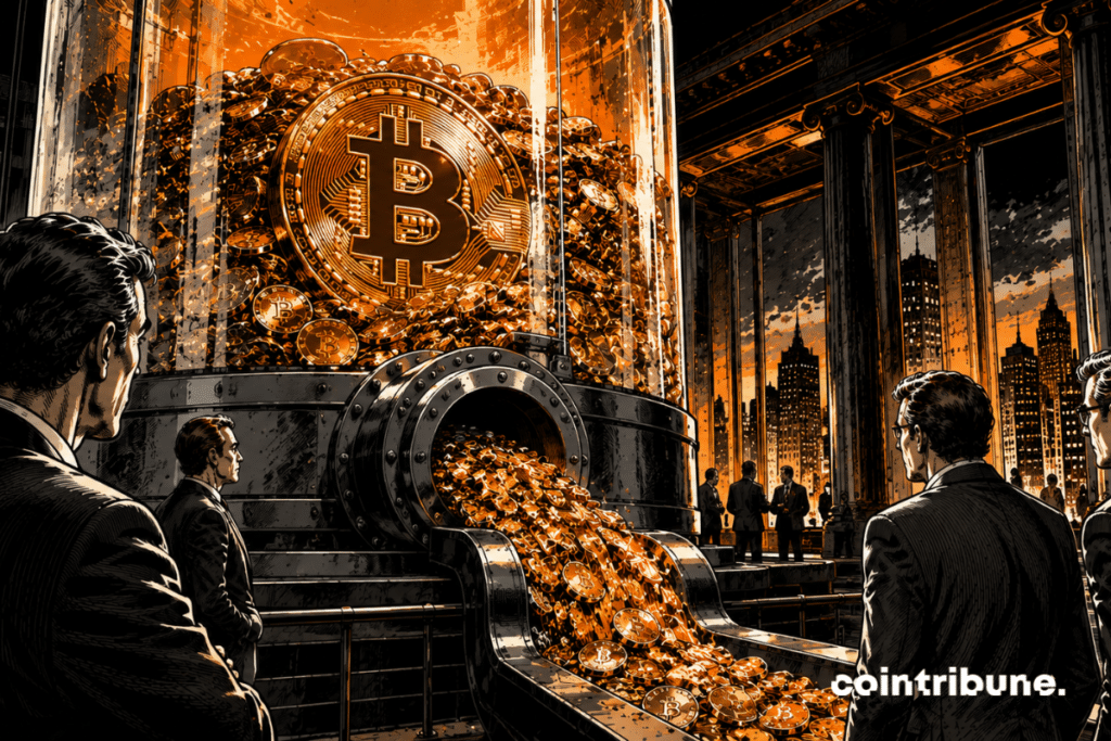 A gigantic transparent tank filled with Bitcoin coins is slowly emptied through a large pipe. Analysts are observing the scene.