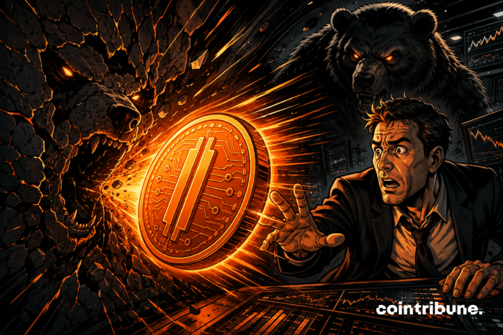 A worried trader watches an orange bitcoin coin hurtle toward a cracked wall, dominated by the menacing shadow of a bear.
