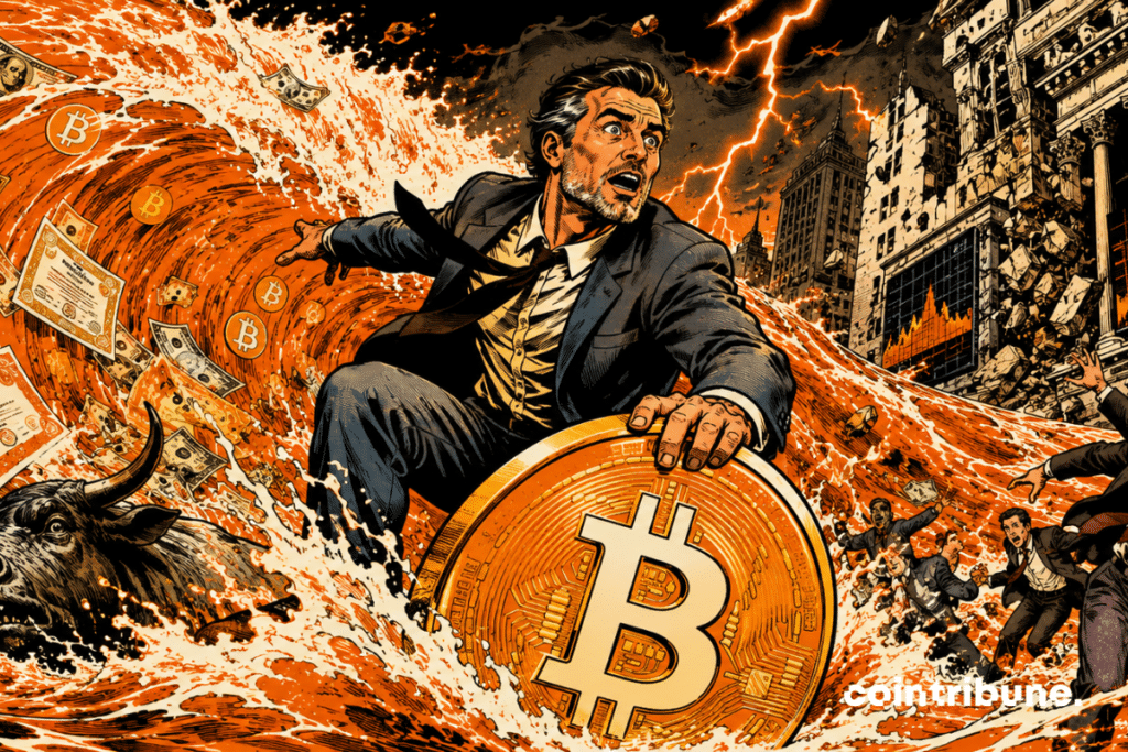 An investor riding a giant Bitcoin faces a tsunami of liquidity destroying Wall Street in financial chaos.