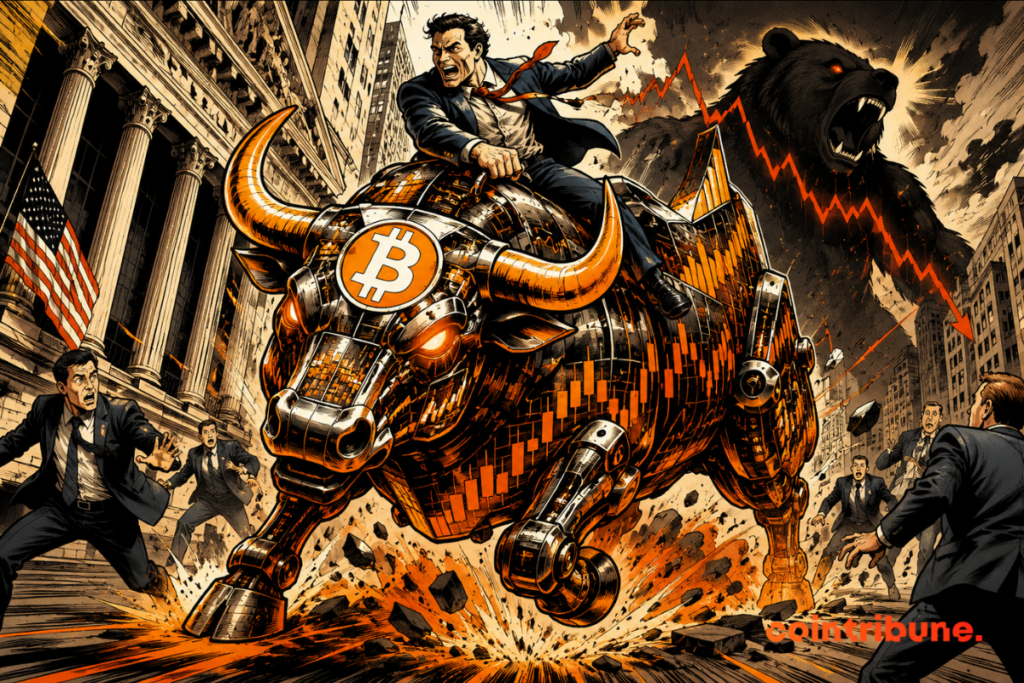 Illustration of a Bitcoin bull being launched into Wall Street, with fleeing traders and a bear in the background symbolizing the market correction.