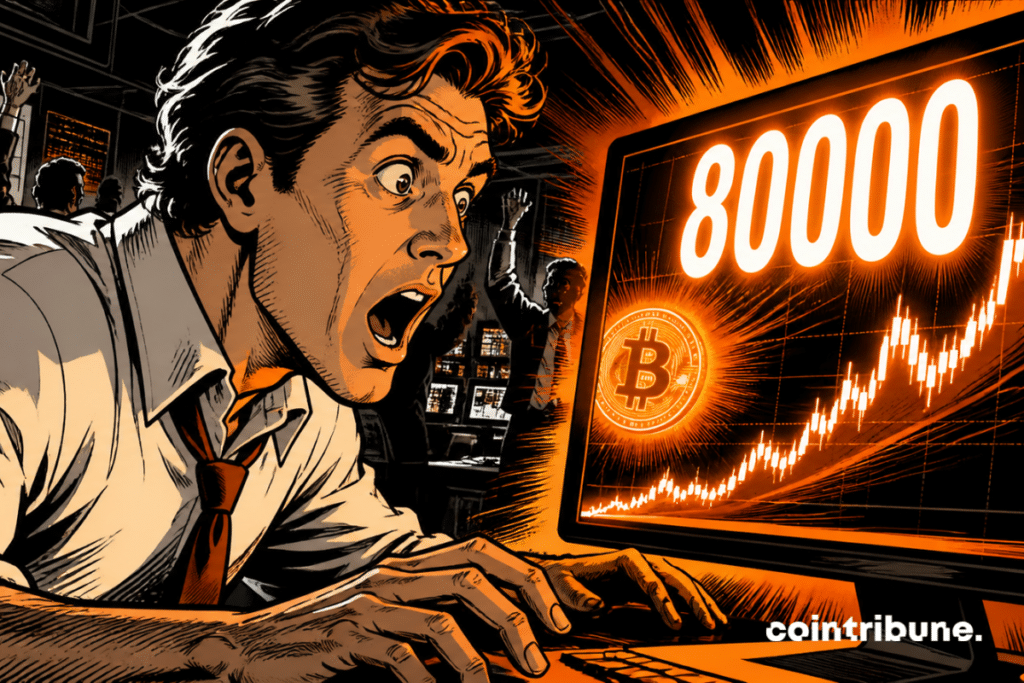 Stunned Bitcoin trader facing bright screen displaying 80000, explosive atmosphere, colleagues in background, dramatic black orange 70s comics style.