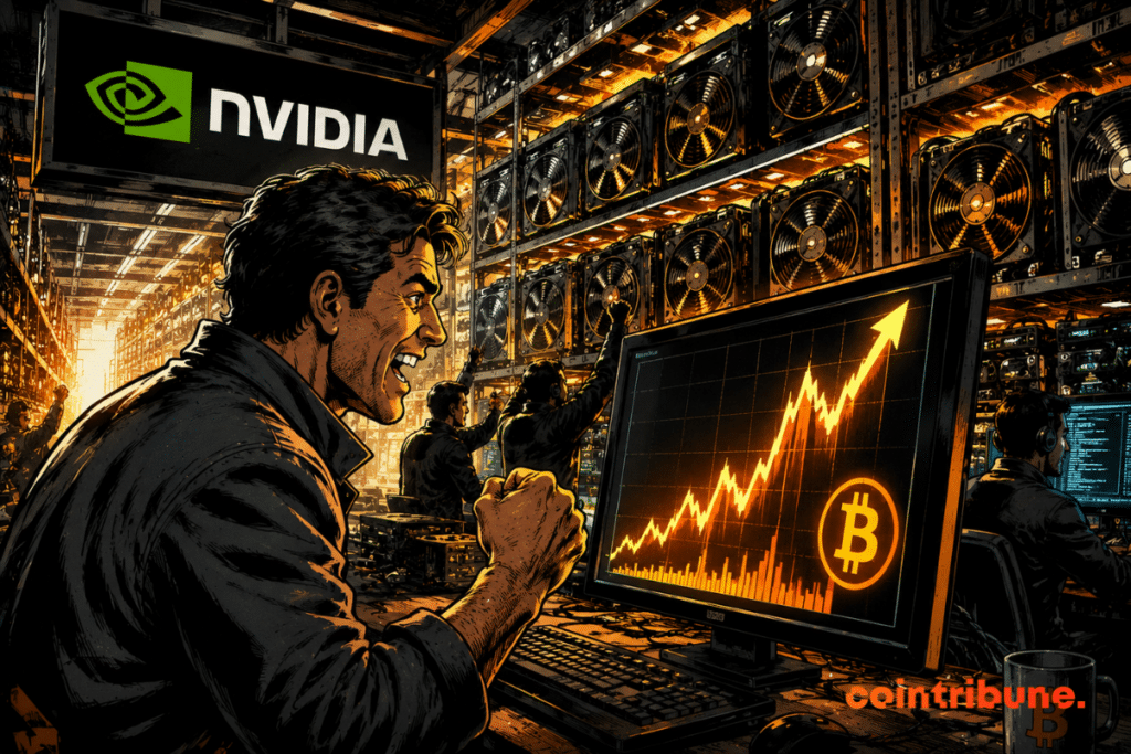 Bitcoin miners celebrate spectacular AI-powered surge, surrounded by burning servers and glowing exploding screens