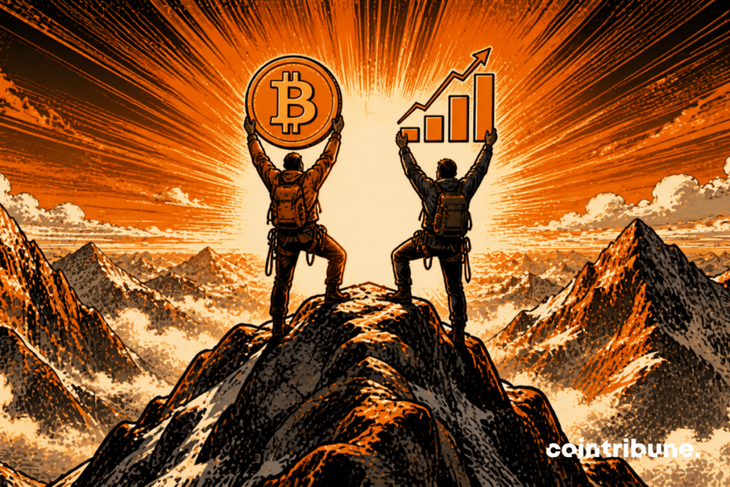 Two climbers representing Bitcoin and the S&P 500 reach the summit together.