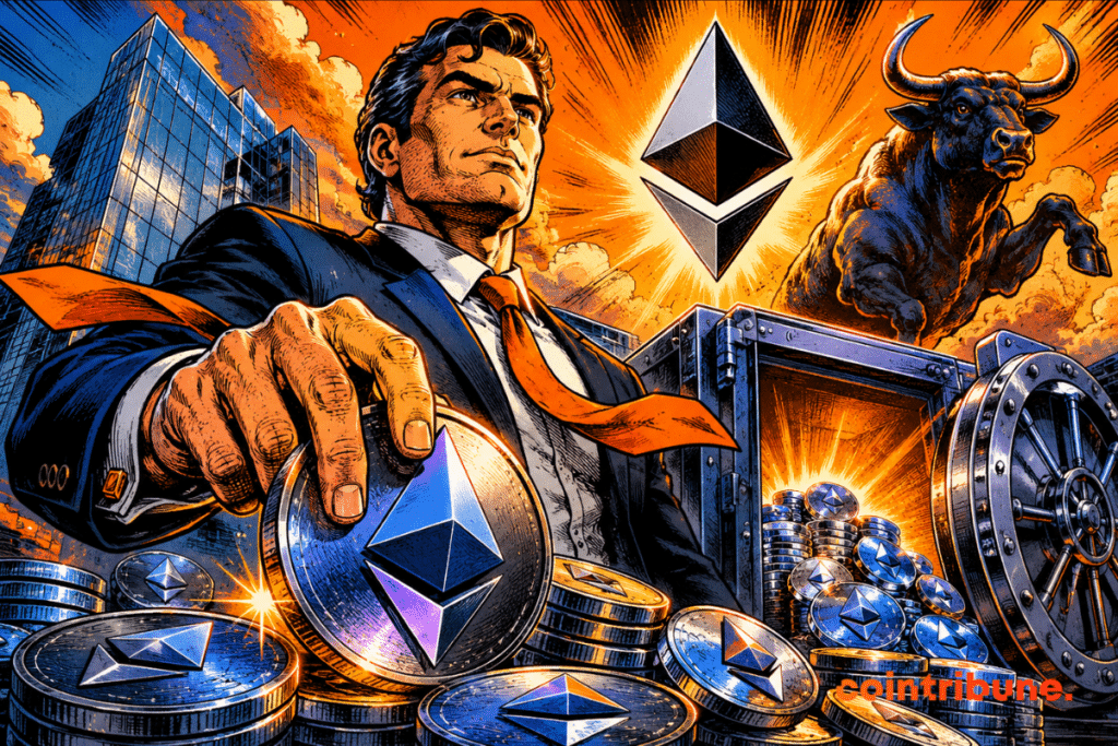 Alt text: Illustration of Bitmine with a businessman surrounded by Ethereum coins, an open vault and a bull symbolizing crypto market dynamics.