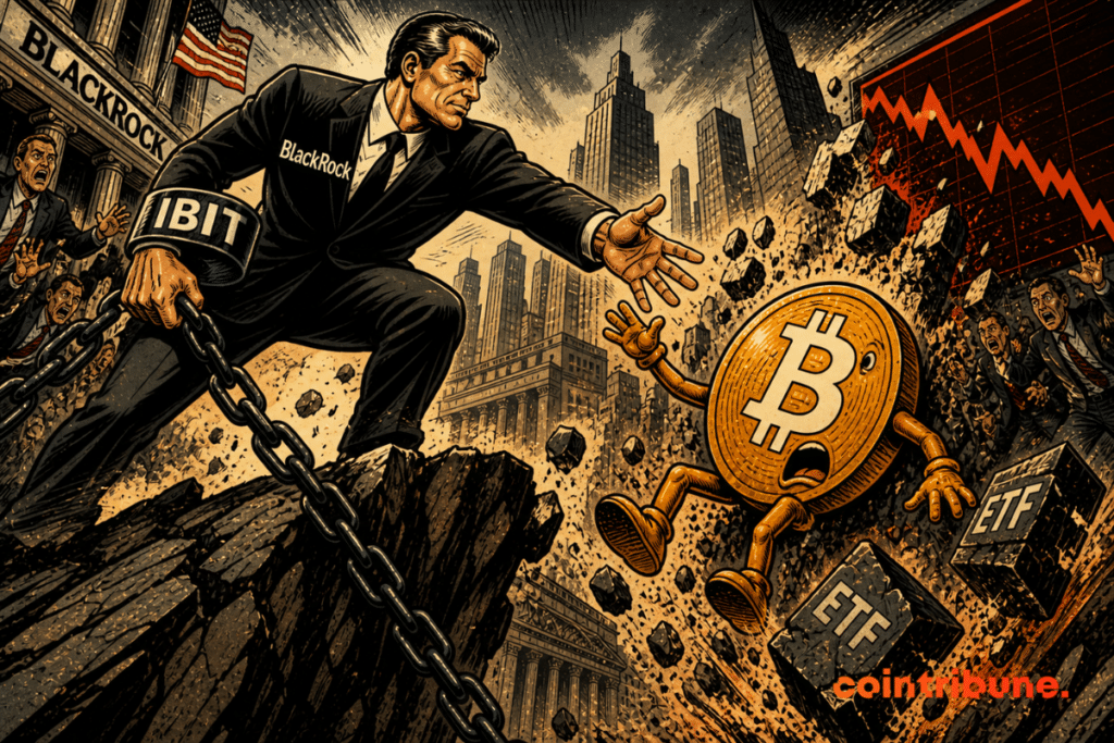 Powerful man holds back sharp fall, grabbing panicked Bitcoin on edge as financial chaos explodes behind him
