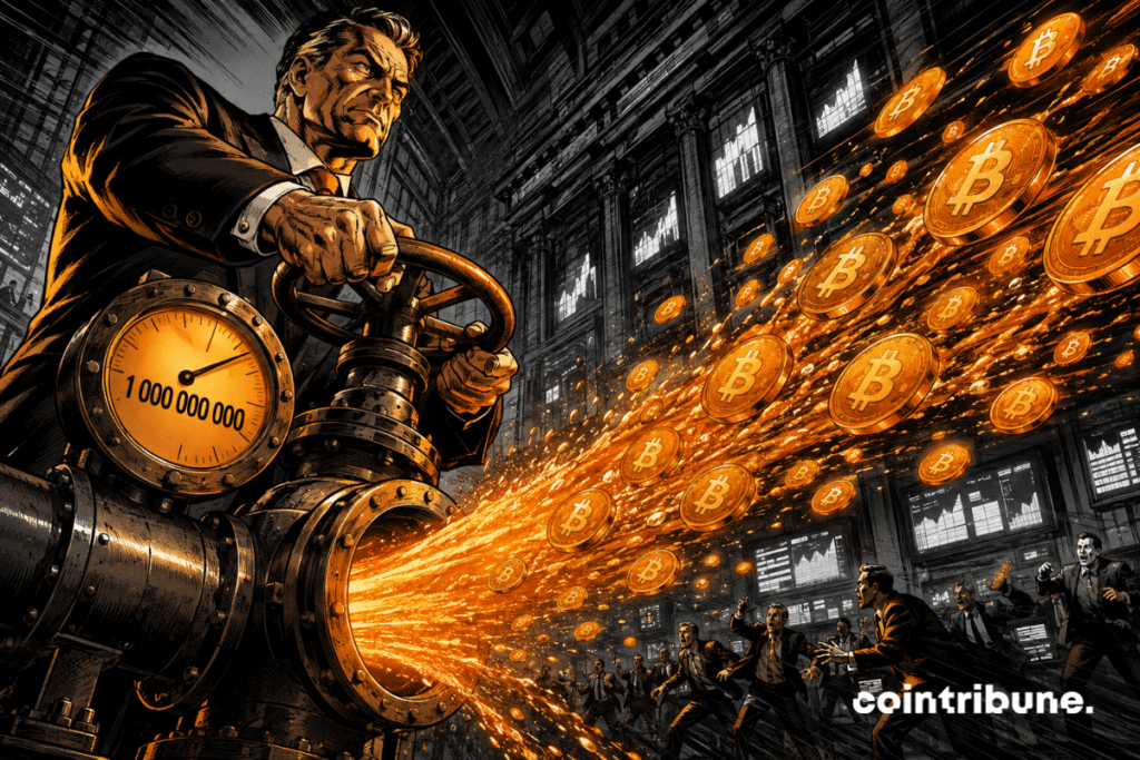 Comic book illustration of a financier opening a valve that releases a torrent of orange bitcoins into a trading room.