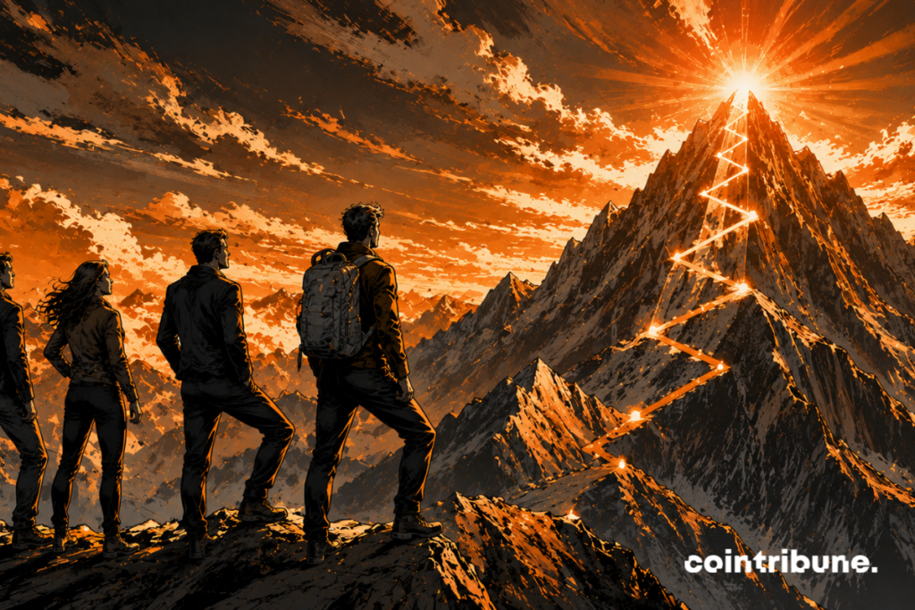 On the top of a futuristic mountain, investors look up to where a glowing Bitcoin sits.