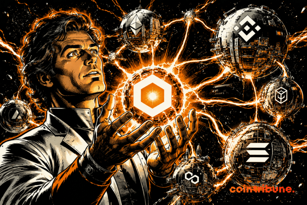 Futuristic illustration depicting Chainlink connected to multiple blockchain networks, with spheres displaying different crypto logos and energy flows between chains.