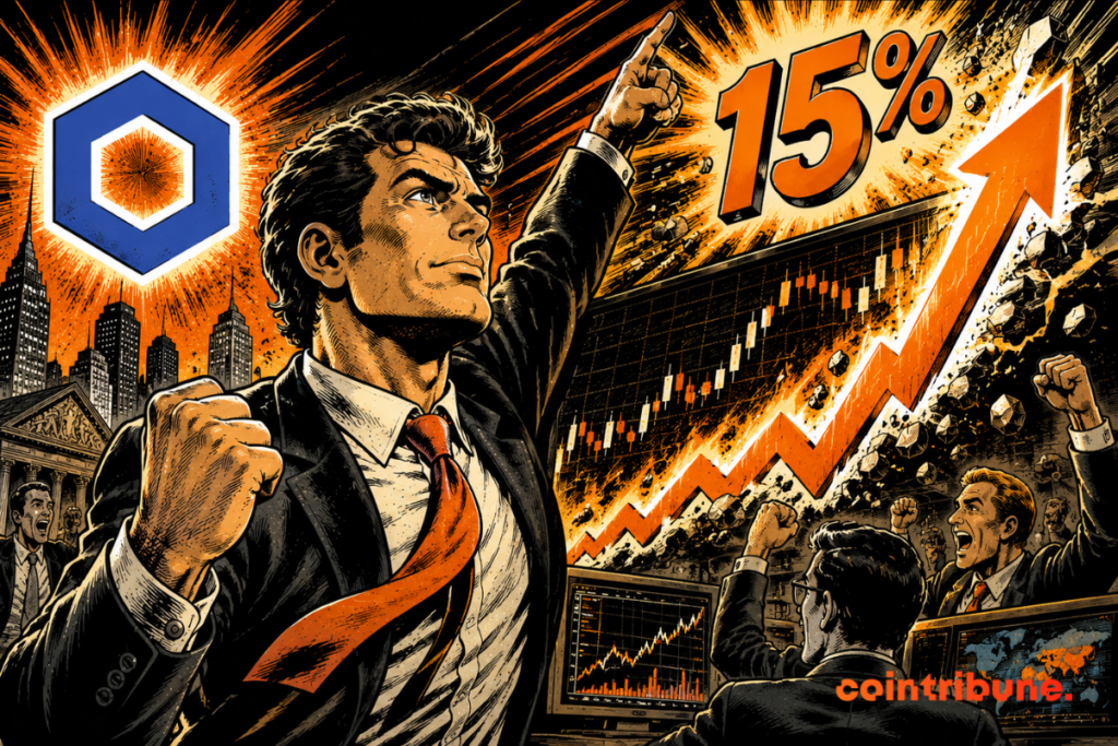 Illustration showing the rise of Chainlink in the crypto market, with a rising graph, the project logo and a 15% rise.