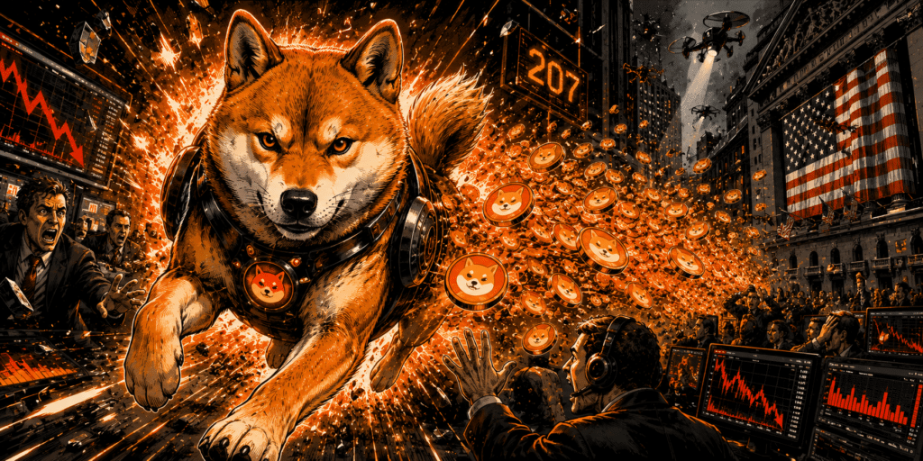 Shib Inu cyberpunk mass exodus explosive tokens panicked traders Wall Street futuristic extreme tension crash crypto digital surveillance financial chaos
