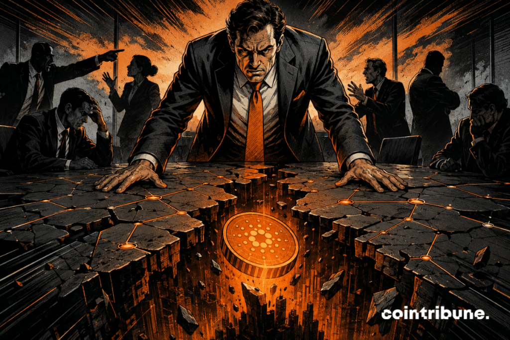 Comic book illustration of a tense crypto meeting, with a cracked table and an orange Cardano coin in the center.