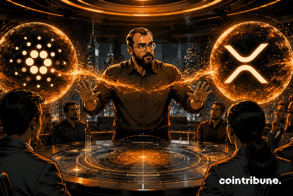 In a futuristic crypto conference room, a Charles Hoskinson-inspired figure makes a calming gesture in front of several crypto holograms. Two energy spheres inspired by Cardano and XRP stop clashing.