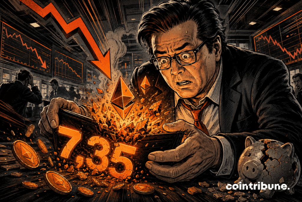 Cartoon illustration of a worried crypto investor in front of a cracked Ethereum wallet, with the number 7.35 and an orange downward arrow.