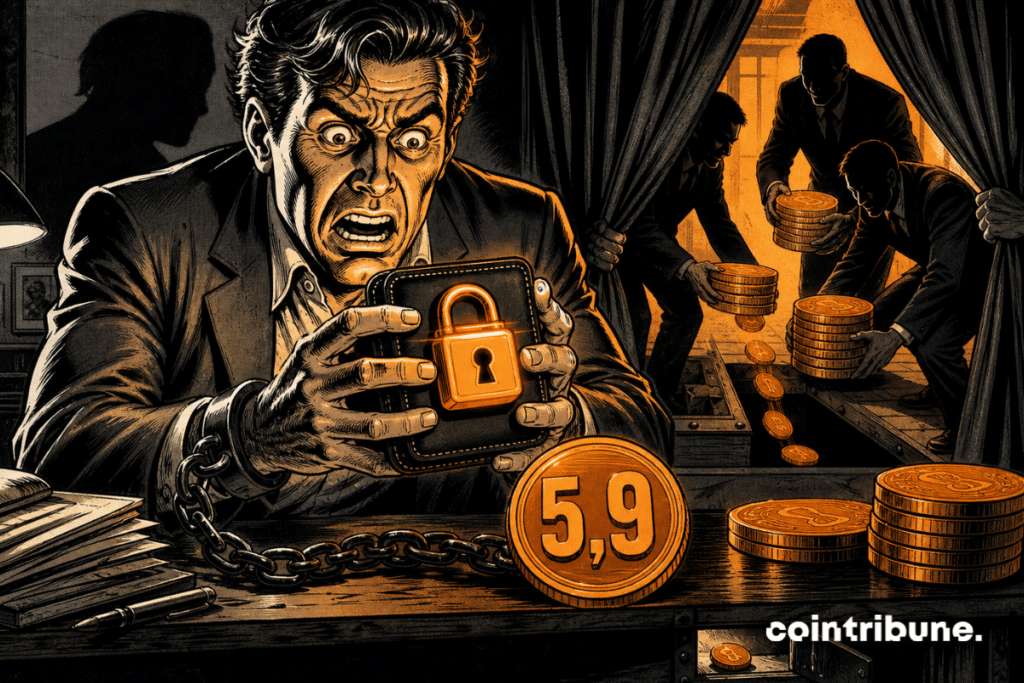 a panicked investor holds a locked crypto wallet