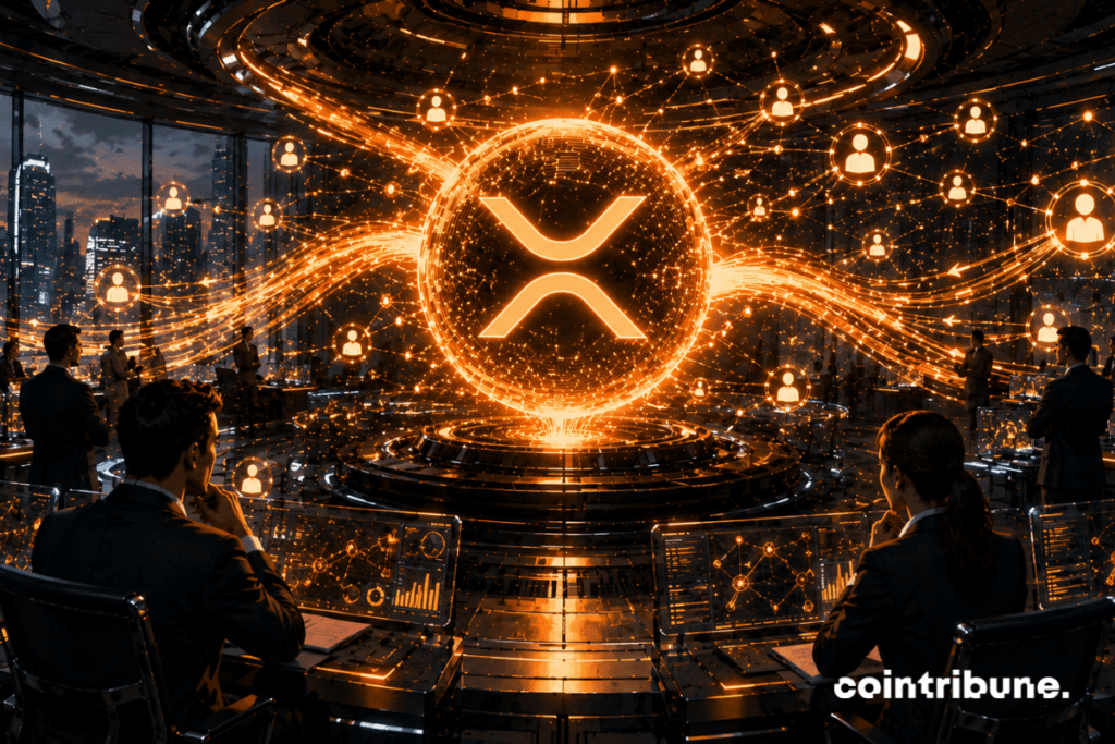 In a huge futuristic crypto financial center, institutional investors and analysts observing a surge in activity around XRP thanks to ETFs.
