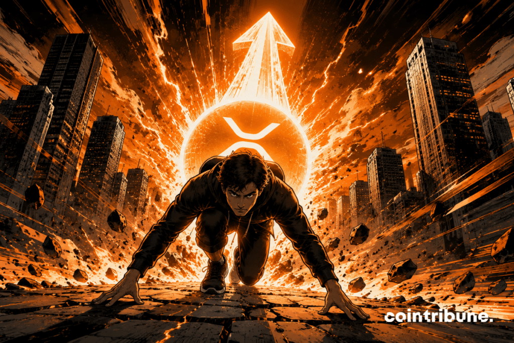An individual crouching on the ground representing XRP is about to jump. A light energy accumulates around him.