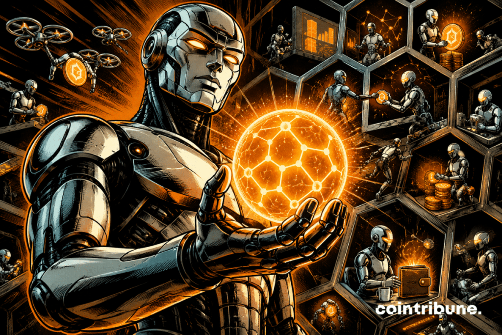 Comic book style illustration showing an AI agent holding an orange crypto sphere, surrounded by a digital hive of active robots.