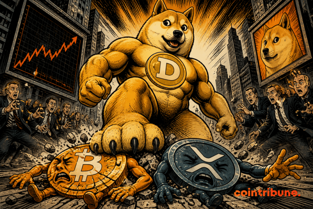 A giant Dogecoin dominates the stage, crushing Bitcoin and XRP to the ground, as panicked crowds watch its crushing victory
