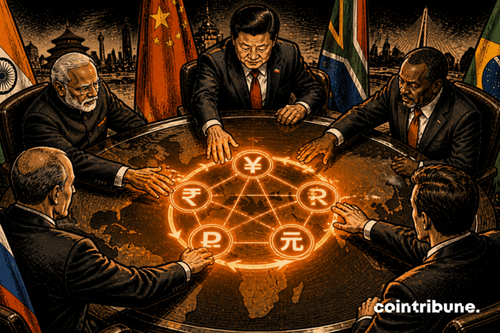 Representatives of the BRICS are around a round table. A circular flow of currencies connects each participant, which symbolizes the new dedollarization system.