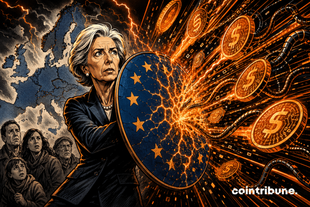 A European leader holds up a cracked shield against a wave of stablecoins.