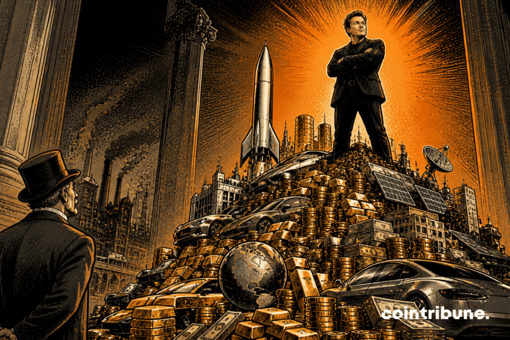 In a monumental room, a man inspired by Elon Musk stands atop a mountain of wealth.