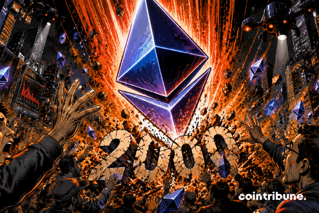 Ethereum drops sharply below 2000 dollars panicked crowd FOMO crypto explosion orange hysterical traders cyberpunk city digital financial chaos