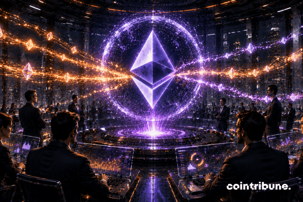 In a huge futuristic crypto financial room, institutional investors calmly accumulate glowing Ethereum assets while the market remains volatile.